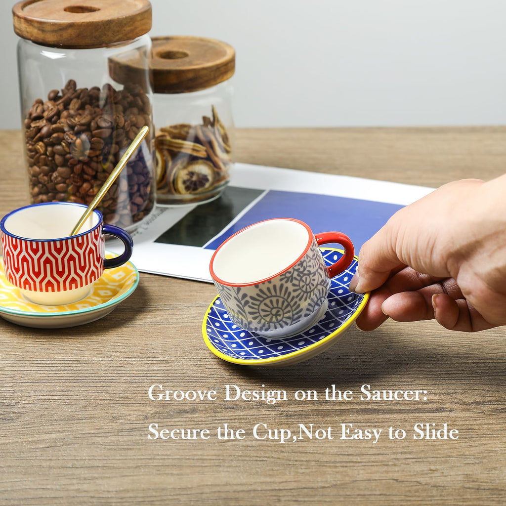 Selamica Ceramic Espresso Cups with Saucers and Metal Stand, 2.5 OZ Stackable Demitasse Cups for Espresso Latte Café Mocha, Set of 4, Assorted Colors