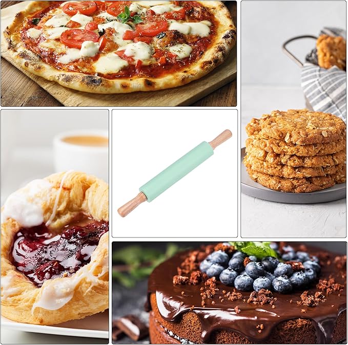 HARFINGTON Silicone Rolling Pins for Baking 16.93 Inch Non-Stick Silicone Surface Wooden Handle Rolling Pin Small Roller Playdough Rolling Pins for Fondant Kitchen Dough Pizza, Green