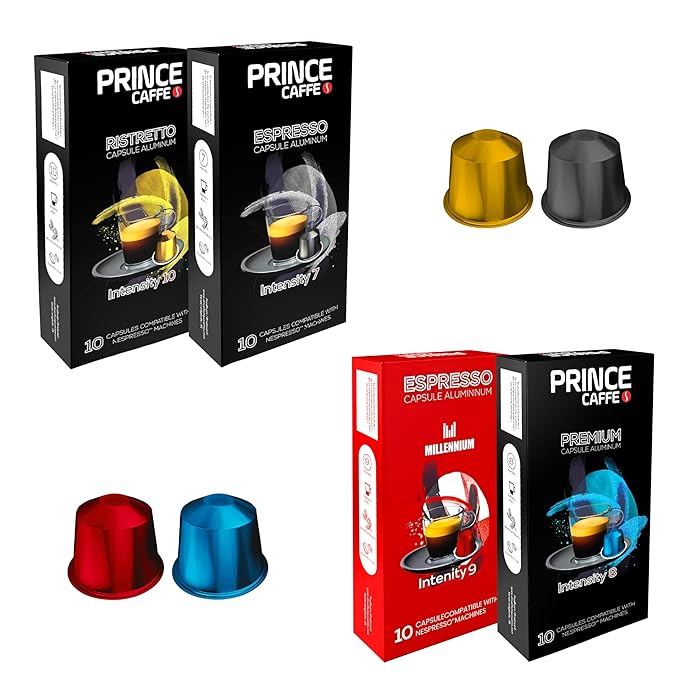 Prince Caffe Espresso Pods Variety Pack Compatible with Nespresso Original Line Machines – Espresso, Ristretto, Millennium & Premium – Intensity 7,8,9,10, 40 Count (4 x 10 Capsules)