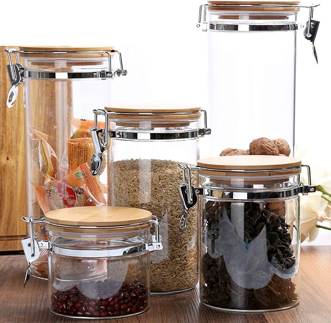 Set of 5 Borosilicate Glass Sugar Packet Holder Food Storage Jar Containers with Airtight Bamboo Clamp Lid, Airtight Canisters for Kitchen Bathroom and Pantry Organization, Cookie Jars for Flour