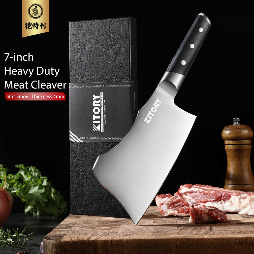 Kitory Meat Cleaver for bones and frozen meat - 7 inch German High Carbon Stainless Steel Kitchen Chopping Knife Blade, Ergonomic Wodden Handle with Enhanced Bolster - Gifts Box Included