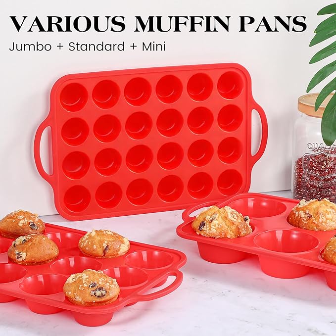 2 Pcs Silicone Muffin Pan for Baking with Metal Frame, Nonstick 12 Cup Regular Size Cupcake Pan, Silicone Muffin Tray for Egg Bites (Red)