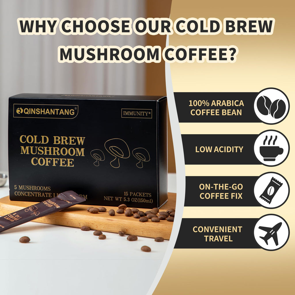 Cold Brew Mushroom Coffee, 15 Packets, Coffee Concentrate Liquid with 5 Adaptogenic Mushrooms, 100% Arabica Bean Extract for Immunity - Sugar Free, Keto, Vegan
