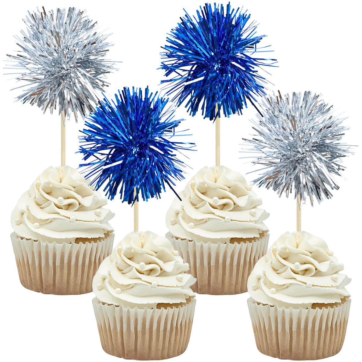 Gyufise 30Pcs Foil Firework Cupcake Toppers Sparkle Tinsel Cake Toppers Tinsel Drink Cake Decoration Cocktail Picks for Birthday Wedding Graduation Party Supplies Dark Blue