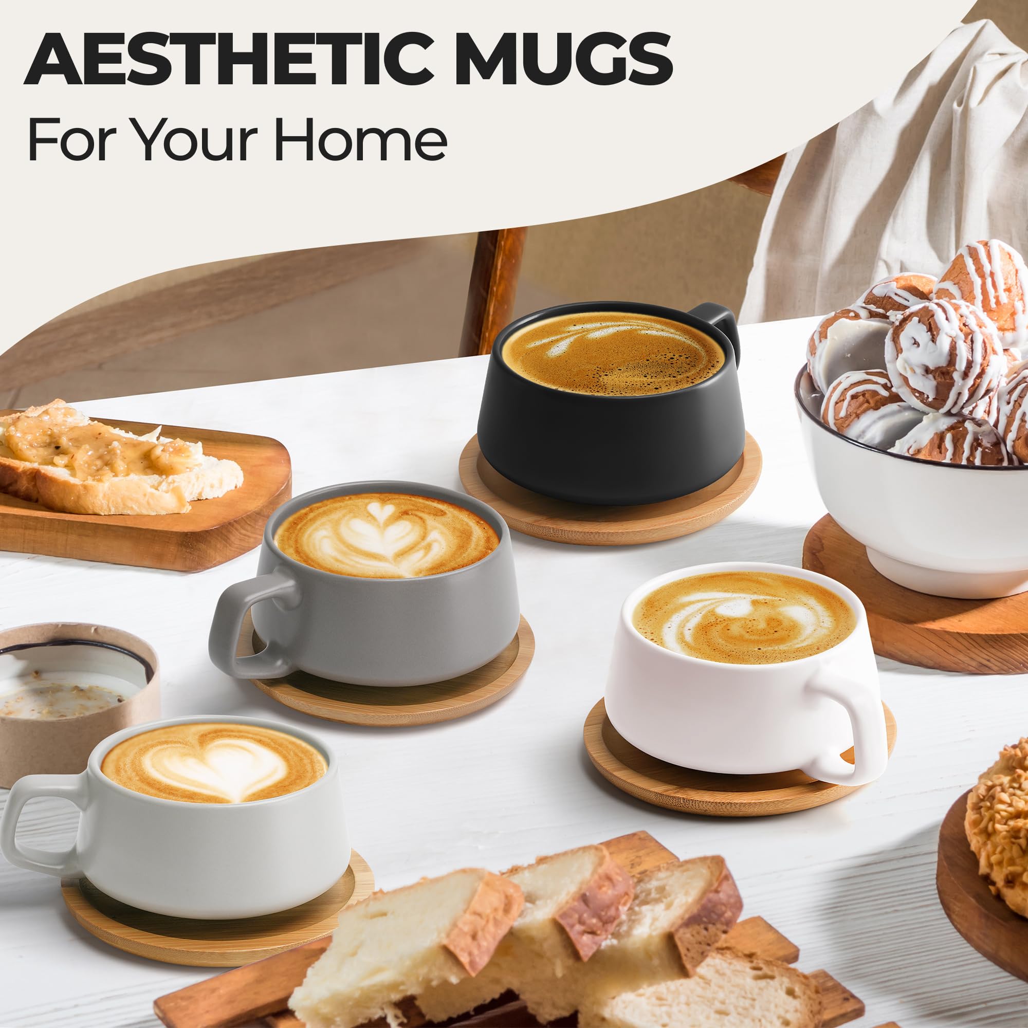 MIAMIO - Cappuccino Cup Set of 4, Ceramic (9.5oz) - Luxe (Classic Pastel)