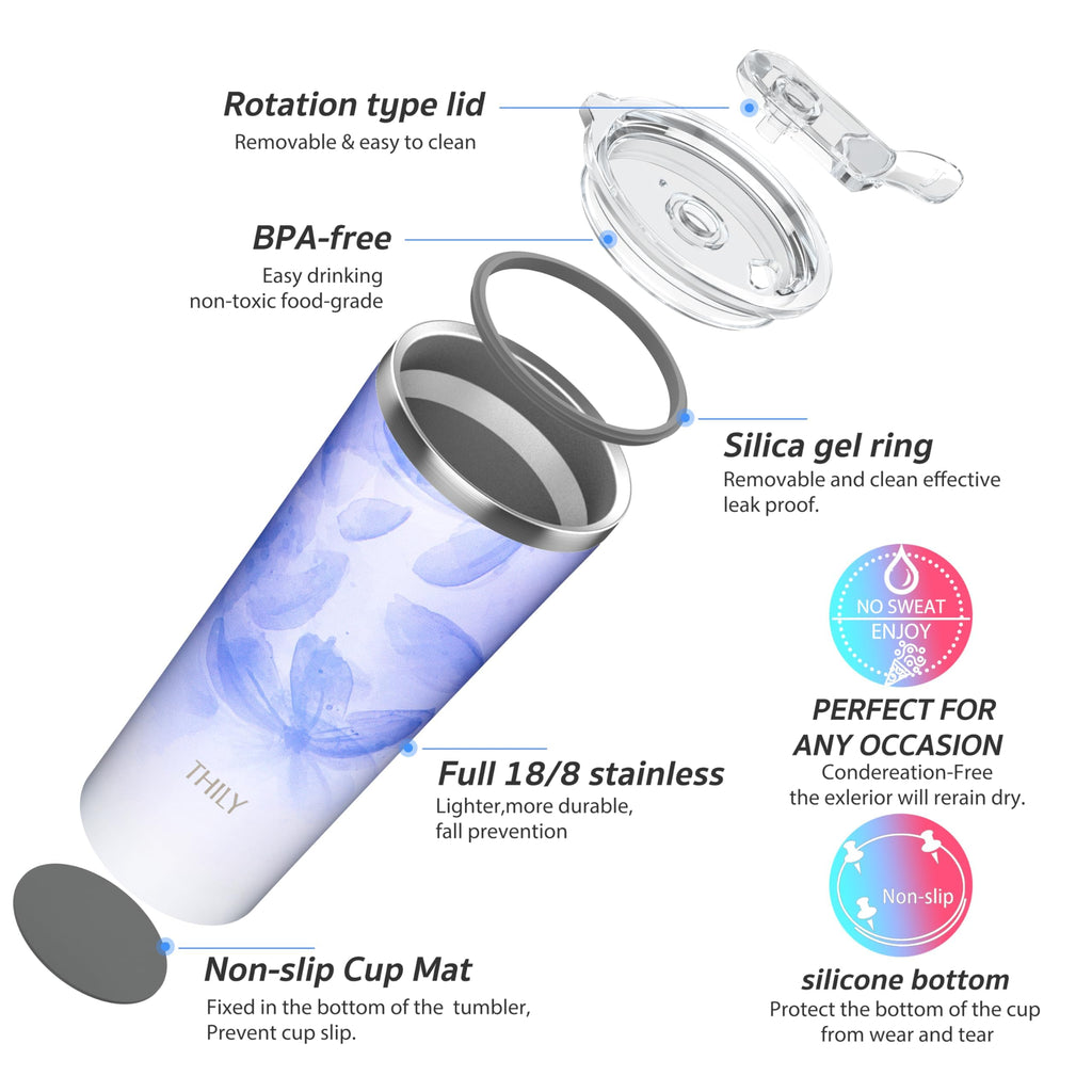 THILY Stainless Steel Vacuum Insulated Tumbler Travel Mug 26 oz Coffee Cup with 2 Lids and Straws, Splash Proof, Keep Ice Drinks Cold, Violet Leaves