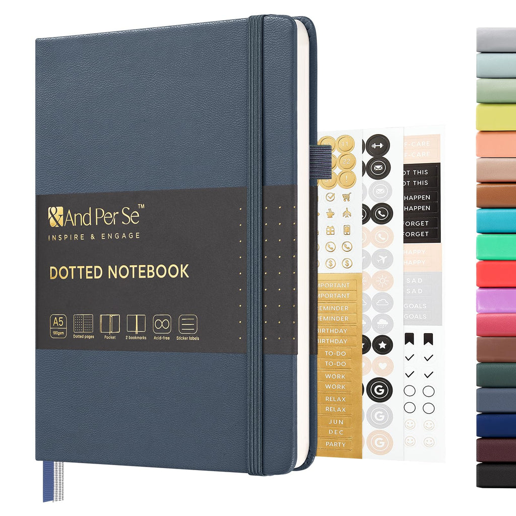 &And Per Se Dotted Journal Notebook, A5 Hardcover Leather Dotted Journal, 160 Pages 100gsm Thick Dot Grid Paper, 3 Sheets of Stickers Included - 5.7'' x 8'' (Dark Blue)