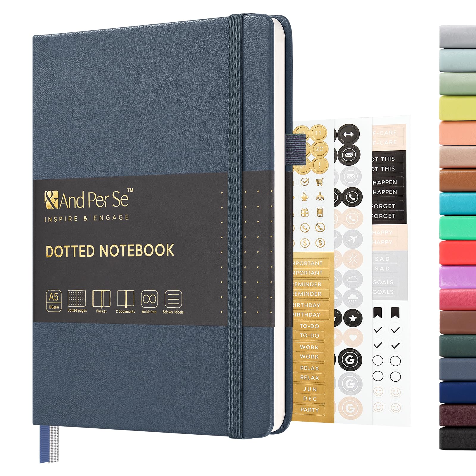 &And Per Se Dotted Journal Notebook, A5 Hardcover Leather Dotted Journal, 160 Pages 100gsm Thick Dot Grid Paper, 3 Sheets of Stickers Included - 5.7'' x 8'' (Dark Blue)