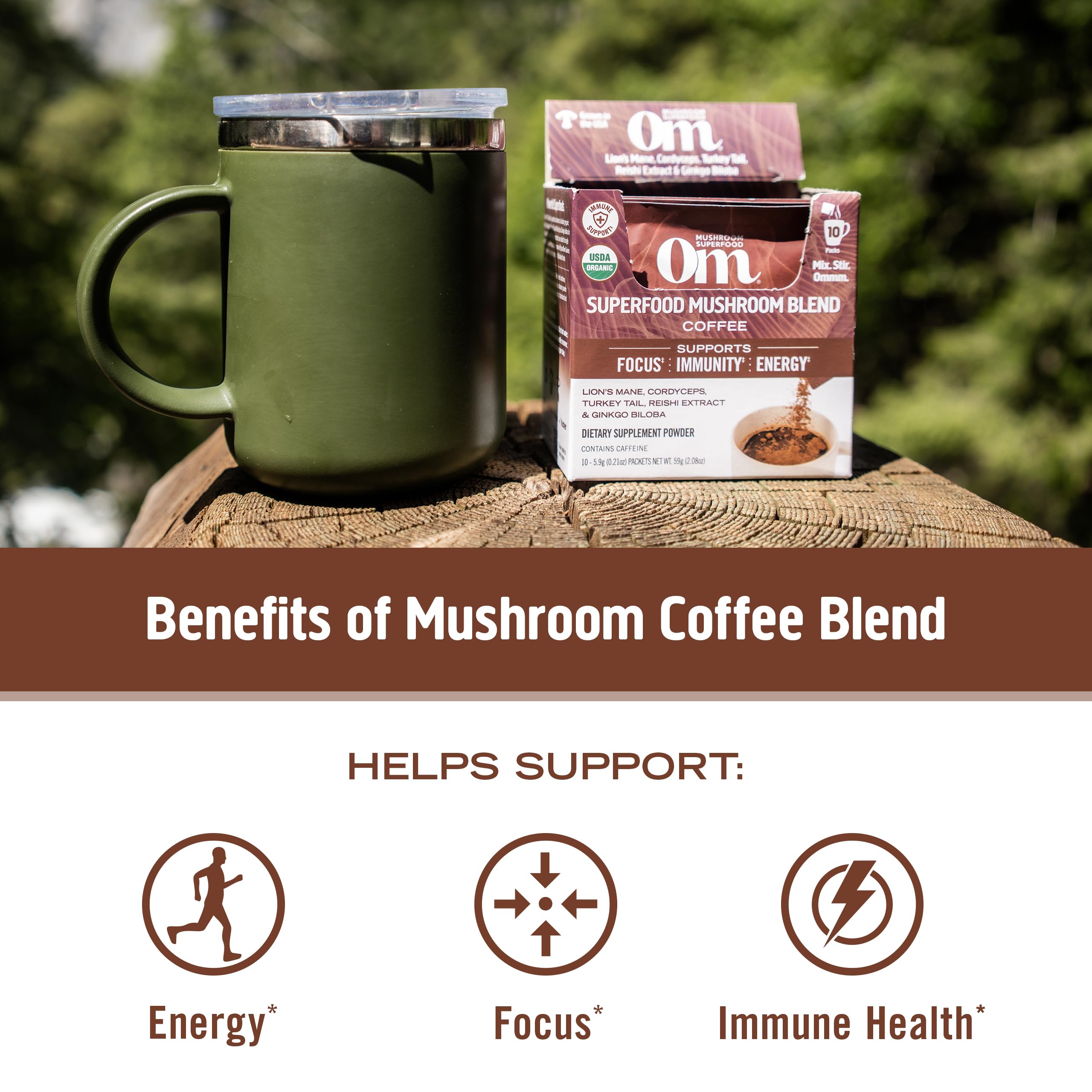 OM MUSHROOM SUPERFOOD Medium Roast Instant Black Coffee USDA Organic with Adaptogenic Mushrooms, USA, Coffee for Energy, Focus Digestion Immunity with Lions Mane & Cordyceps, 30 Servings