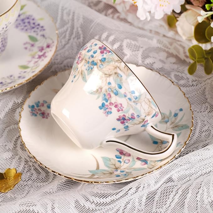 KAMMAK Tea Cups and Saucers Set of 2, Reinforced Porcelain Coffee Cups, 7.4-Ounce Stackable Espresso Mugs, Ceramic Demitasse for Coffee, Cappuccino, Latte, Americano, Tea, Lilac + Colorful
