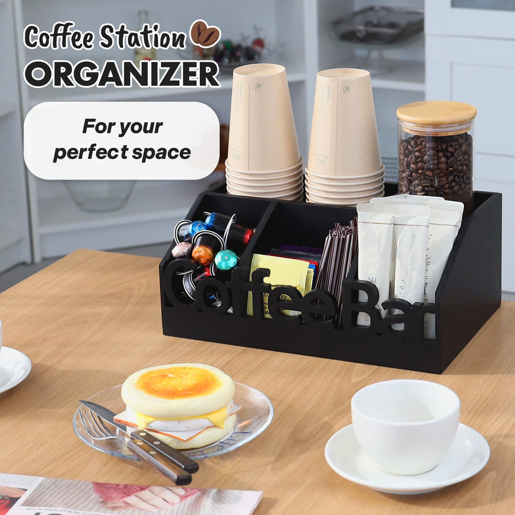 Coffee Bar Organizer Countertop, Wood Tea & Coffee Pod Station Caddy, Black