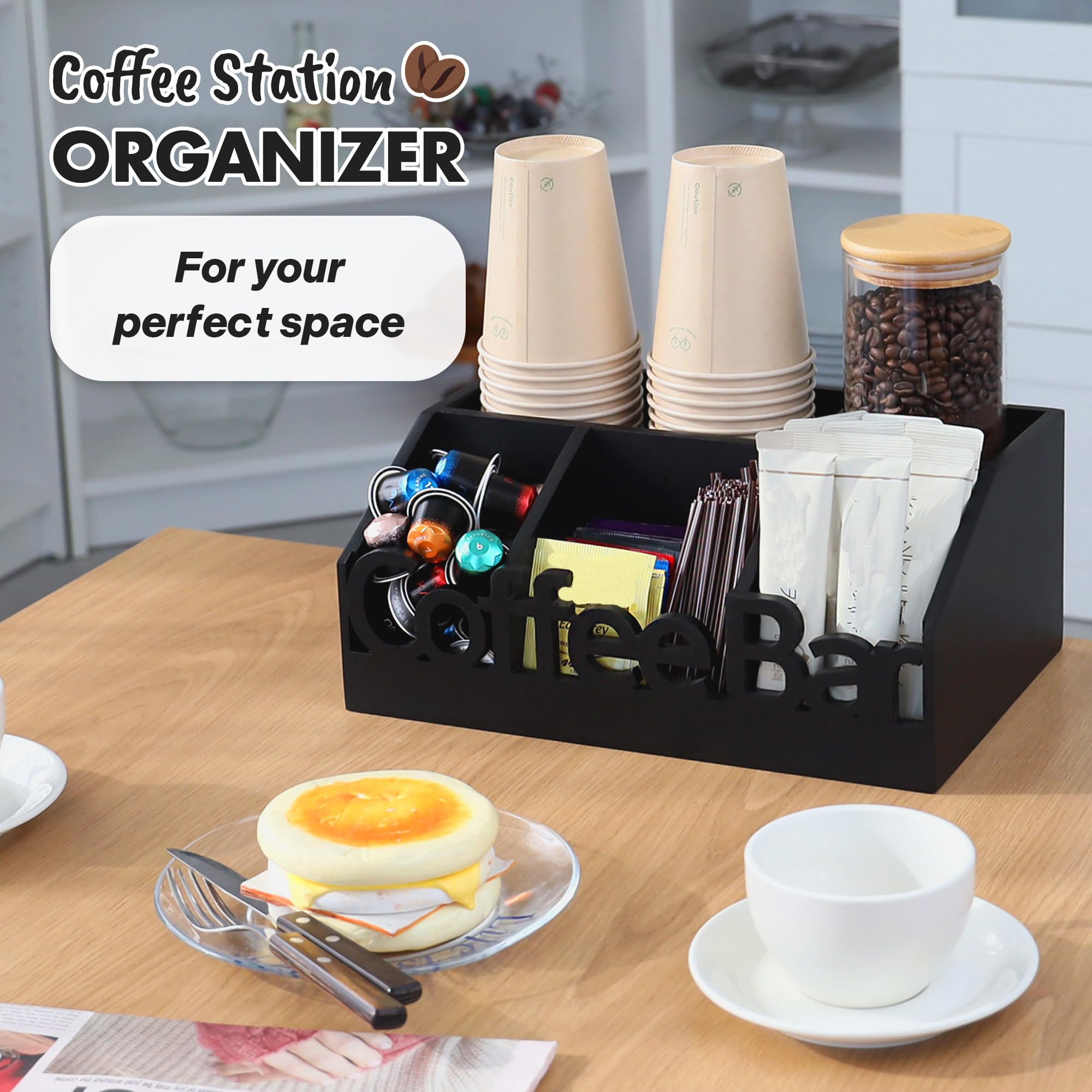 Coffee Bar Organizer Countertop, Wood Tea & Coffee Pod Station Caddy, Black