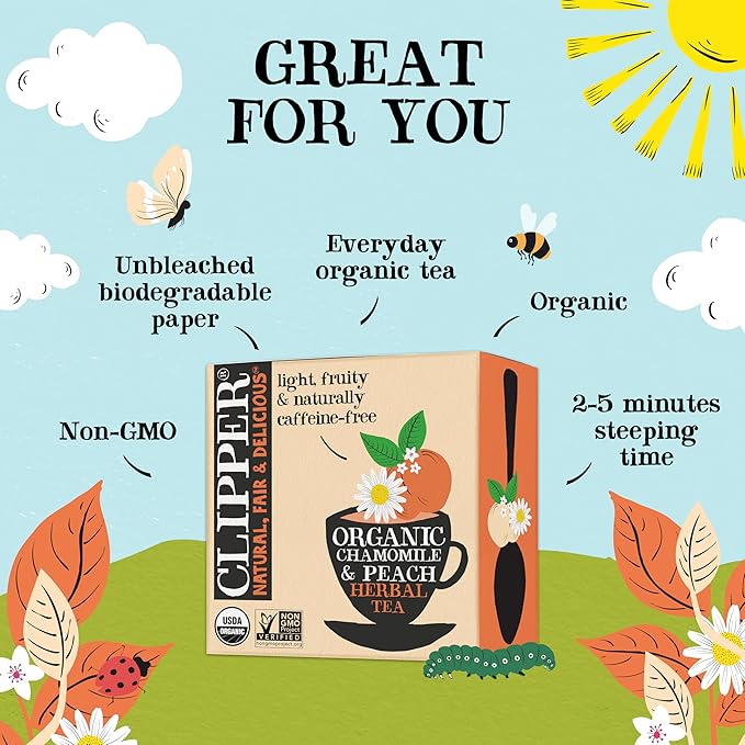 Clipper Tea Chamomile & Peach Teabags – USDA Organic, Great Hot or Iced – Natural, Fair & Delicious Fruity Chamomile & Peach Infusion – 50 Tea Bags
