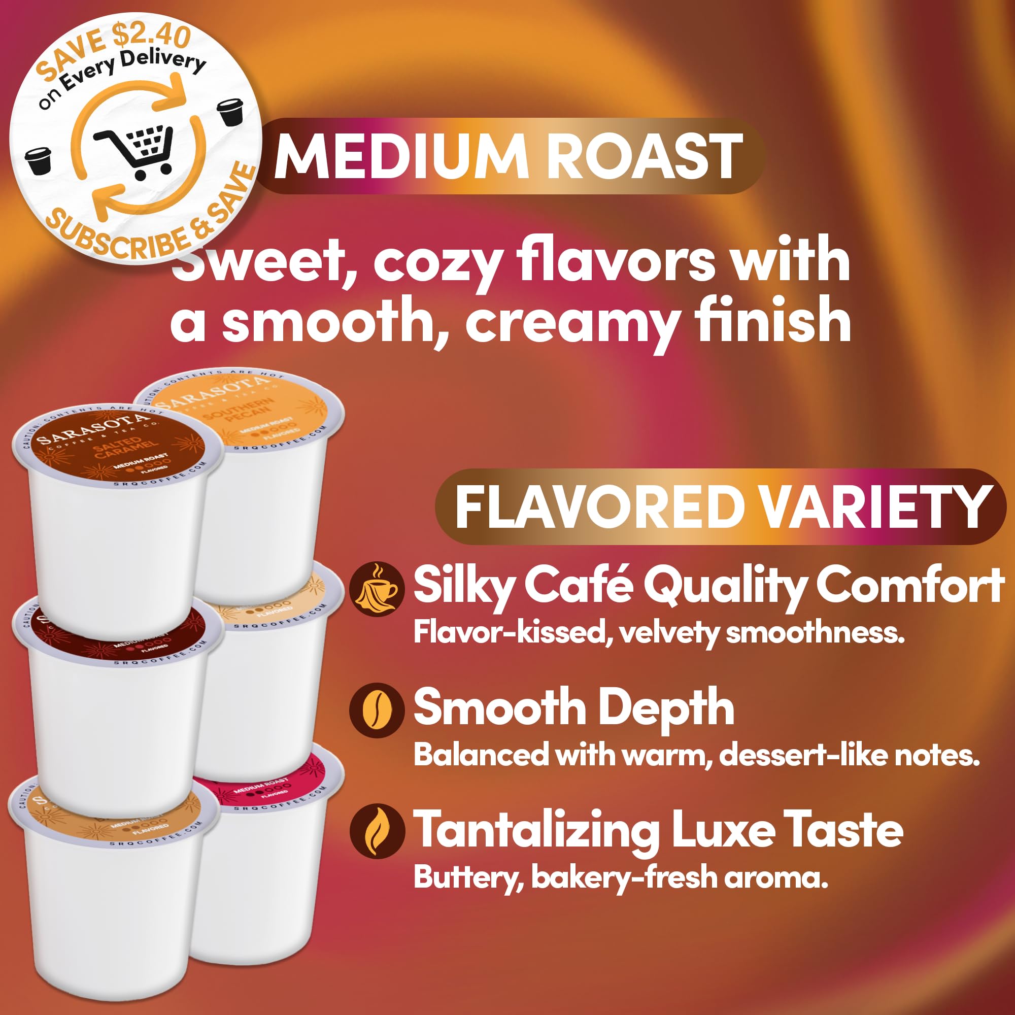 Sarasota K-Cup Coffee Pods | Medium Roast Flavored Coffee | Flavored Variety K Cups | Single Serve for Keurig Brewers | Gourmet, Low Acid, Mold Free | 24 Count
