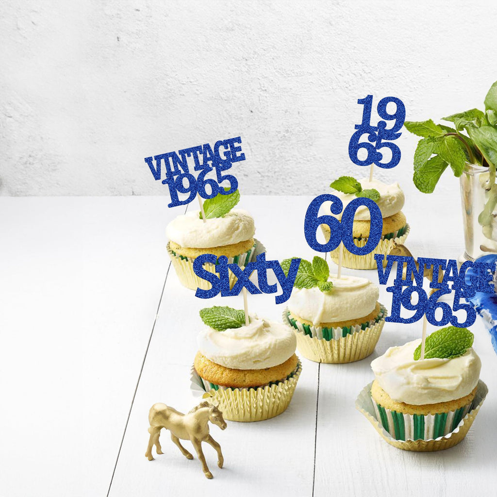 Gyufise 24Pcs Vintage 1965 Cupcake Toppers Cheers to 60 Fabulous Sixty Cupcake Picks Decorations for 60th Birthday Wedding Anniversary Party Cake Decorations Supplies Deep Blue