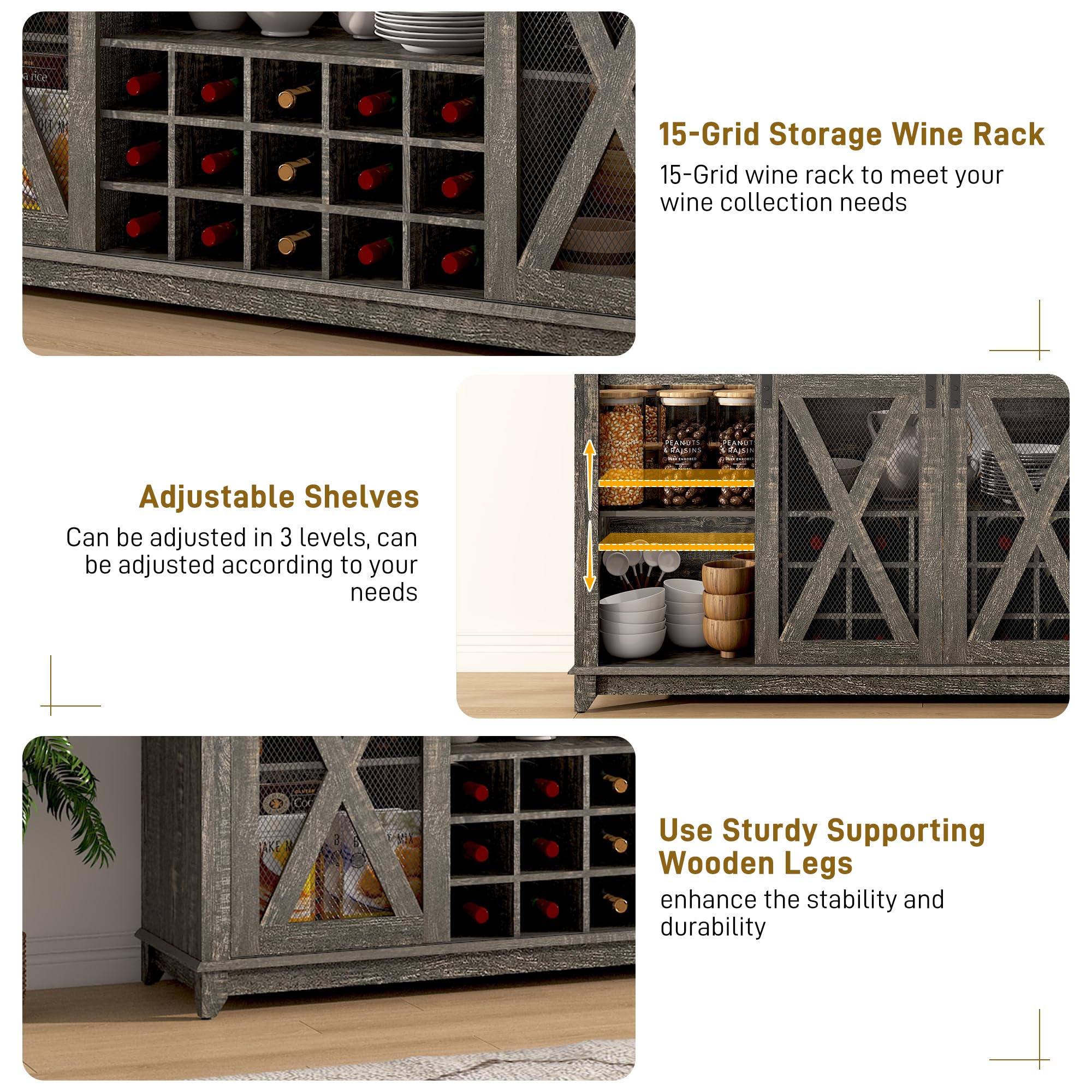 63"Wide 58"H Farmhouse Coffee Bar Cabinet with Power Outlet and LED Light,Wine Bar Cabinet w/ 4 Storage Hutch,Kitchen Buffet Cabinet with 15 Wine and Glass Racks for Kitchen Dining Room(Dark Oak)