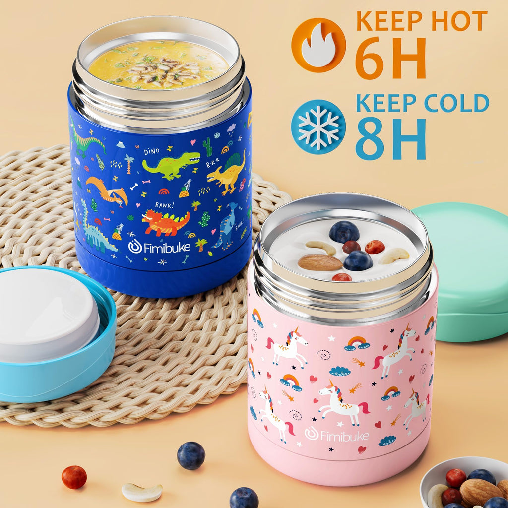 Fimibuke Insulated Kids Food Jar, 2 Pack 12 OZ Bpa Free Stainless Steel Vacuum Lunch Jar for Hot Cold Food, Leakproof Snack Container for School Boy Girl Wide Mouth Toddler Lunch Box for Smoothie Soup