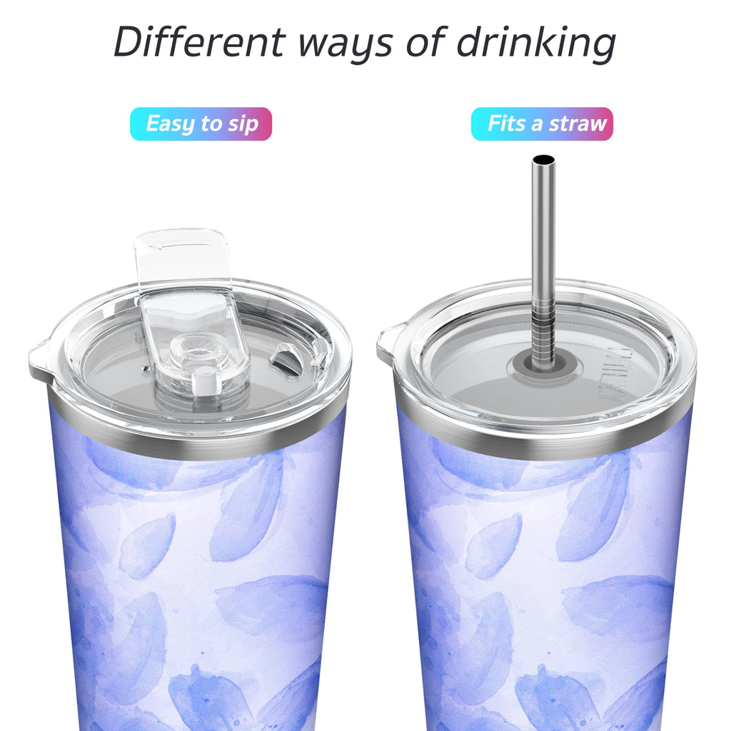 THILY Stainless Steel Vacuum Insulated Tumbler Travel Mug 26 oz Coffee Cup with 2 Lids and Straws, Splash Proof, Keep Ice Drinks Cold, Violet Leaves
