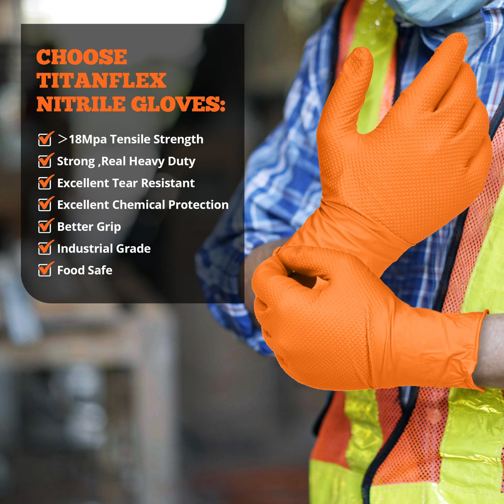 TitanFlex Heavy Duty Orange Nitrile Gloves, 6 Mil, Raised Diamond Texture, Mechanic Disposable Gloves, Latex Free Powder Free