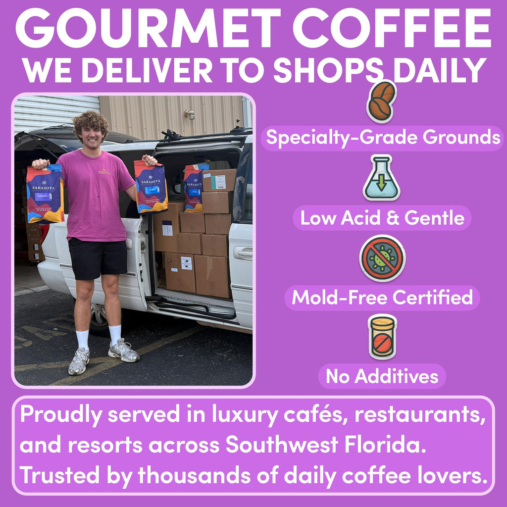 Sarasota Coffee Ground Chocolate Raspberry | Medium Roast Gourmet Flavored Coffee Grounds | Low Acid, Mold Free, Specialty Grade Flavored Bulk Ground Coffee | 5lb (80 oz)