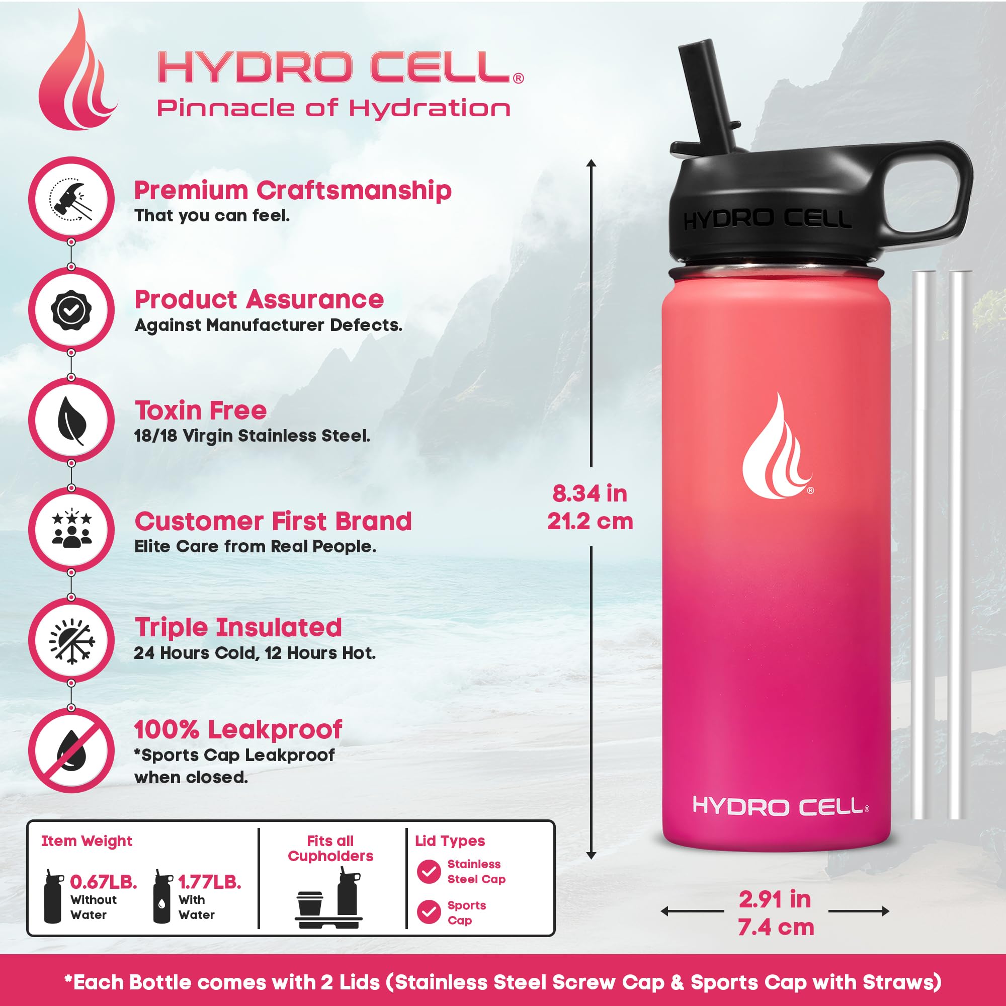 HYDRO CELL Stainless Steel Insulated Water Bottle with Straw - For Cold & Hot Drinks - Metal Vacuum Flask with Screw Cap and Modern Leakproof Sport Thermos for Adults (Coral/Punch 18oz)