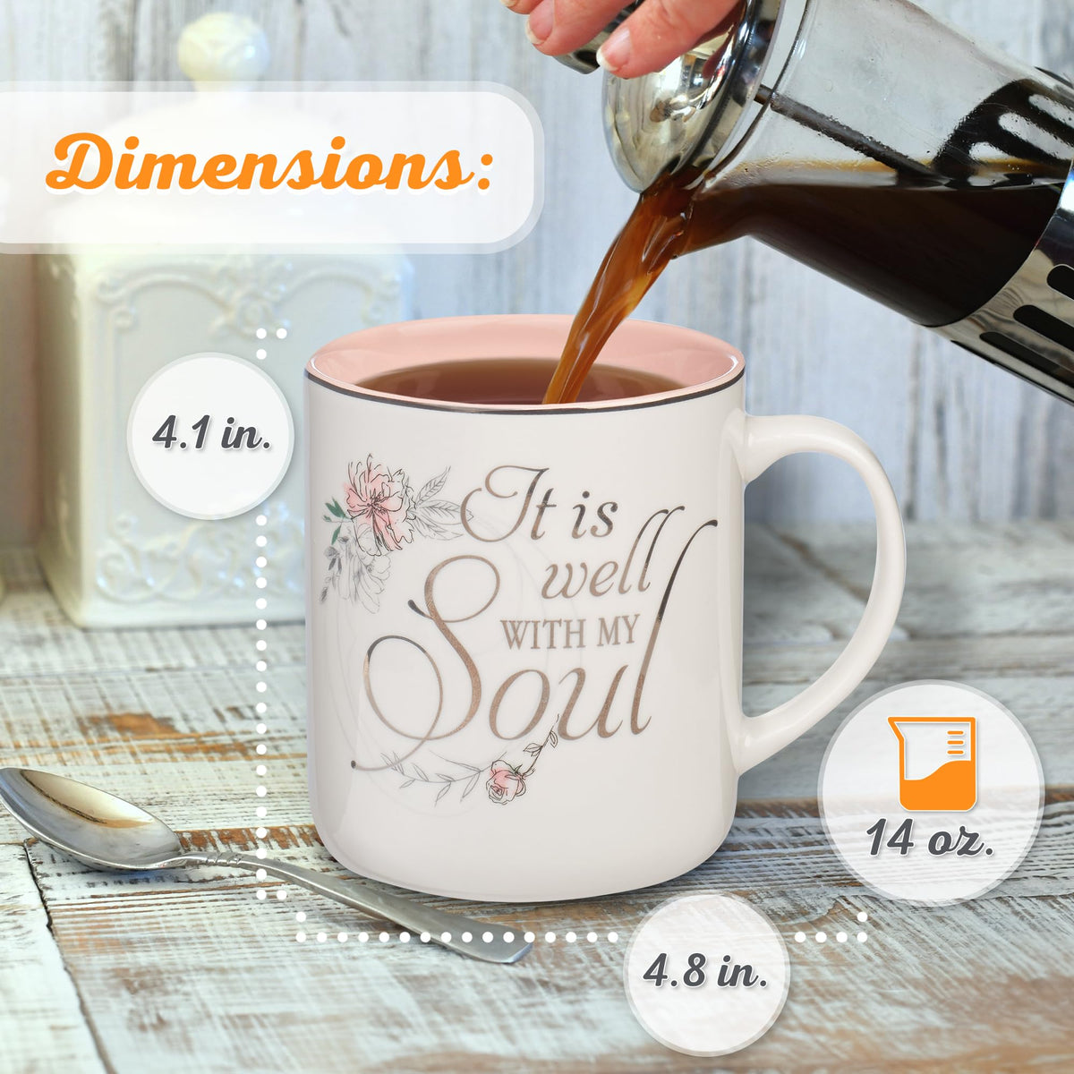 Christian Art Gifts Floral Pink Ceramic Coffee Mug – 14 oz. Lead and Cadmium-free, Non-toxic Inspirational Scripture Coffee and Tea Mug for Women with Worship Song and Hymn: It is Well with My Soul