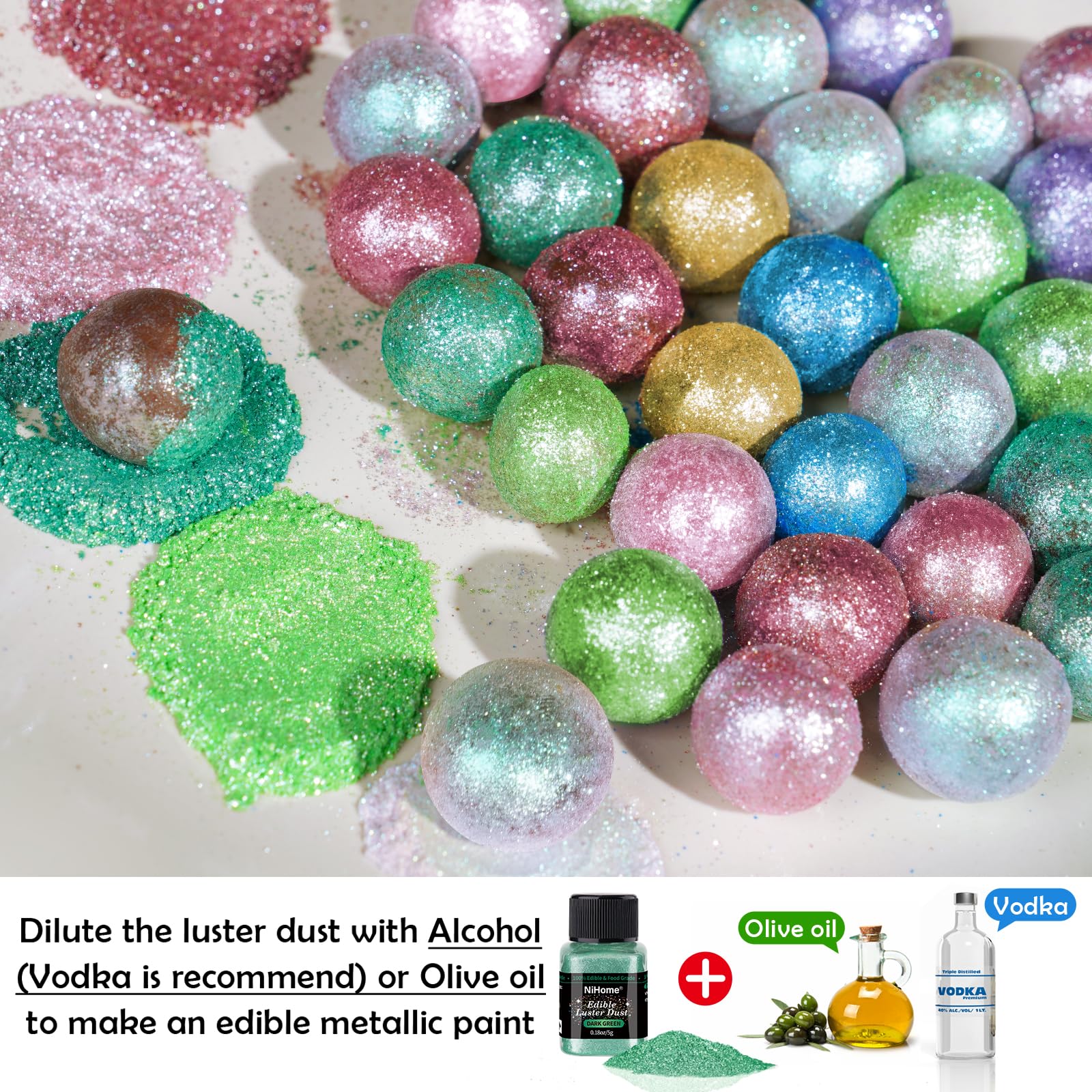 NiHome Edible Food-Grade Glitter Powder Glimmer Luster Dust Metallic Fancy Food Decorating Sprinkle Glimmery Dust for Drink Wine Beverage Cake Bakery Vegan Allergen-Free (Dark Green, 0.35oz/10g)