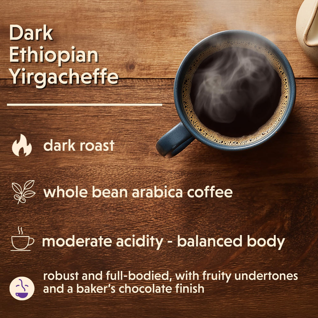 Coffee Bean Direct Dark Ethiopian Yirgacheffe, Whole Bean, 2.5lb Bag