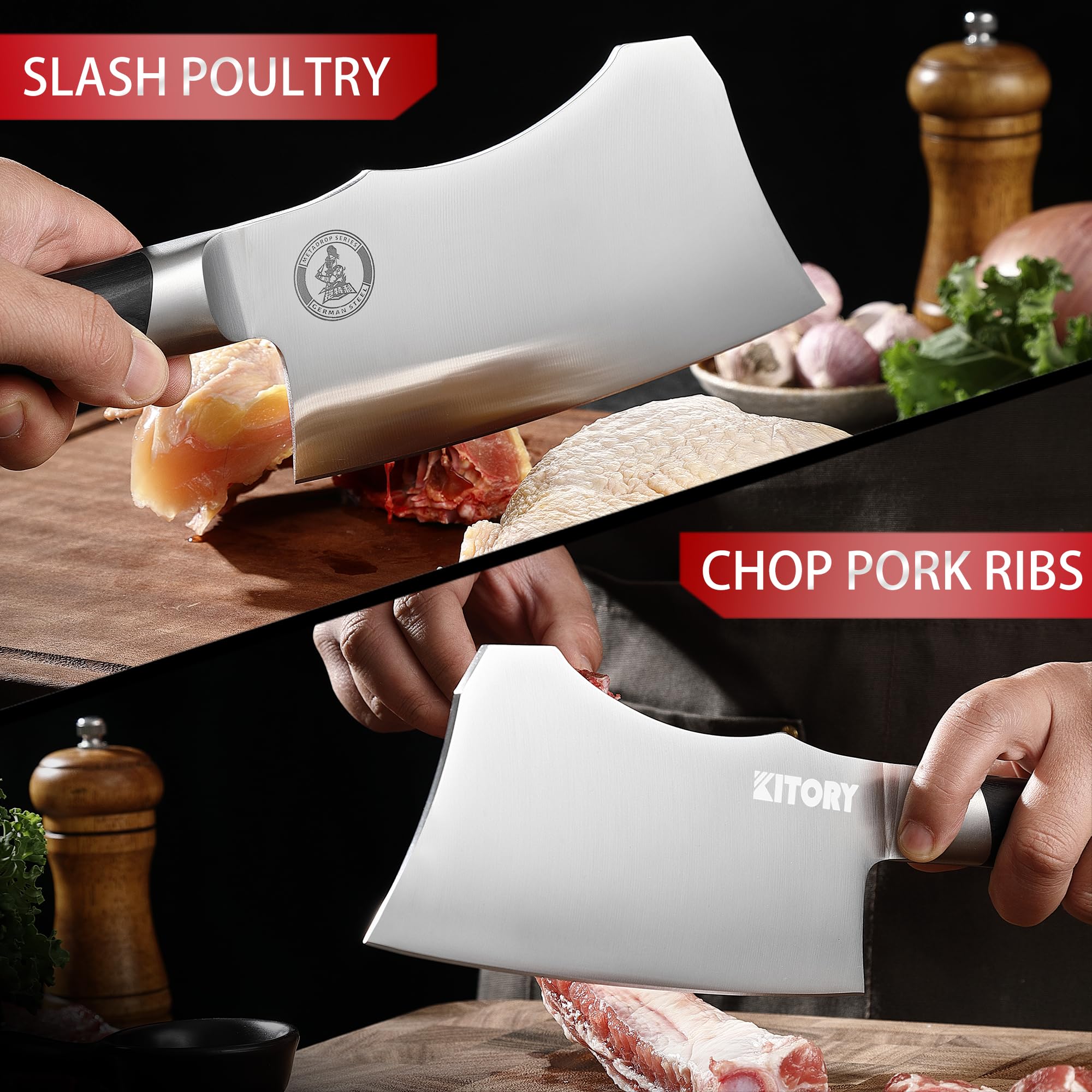 Kitory Meat Cleaver for bones and frozen meat - 7 inch German High Carbon Stainless Steel Kitchen Chopping Knife Blade, Ergonomic Wodden Handle with Enhanced Bolster - Gifts Box Included