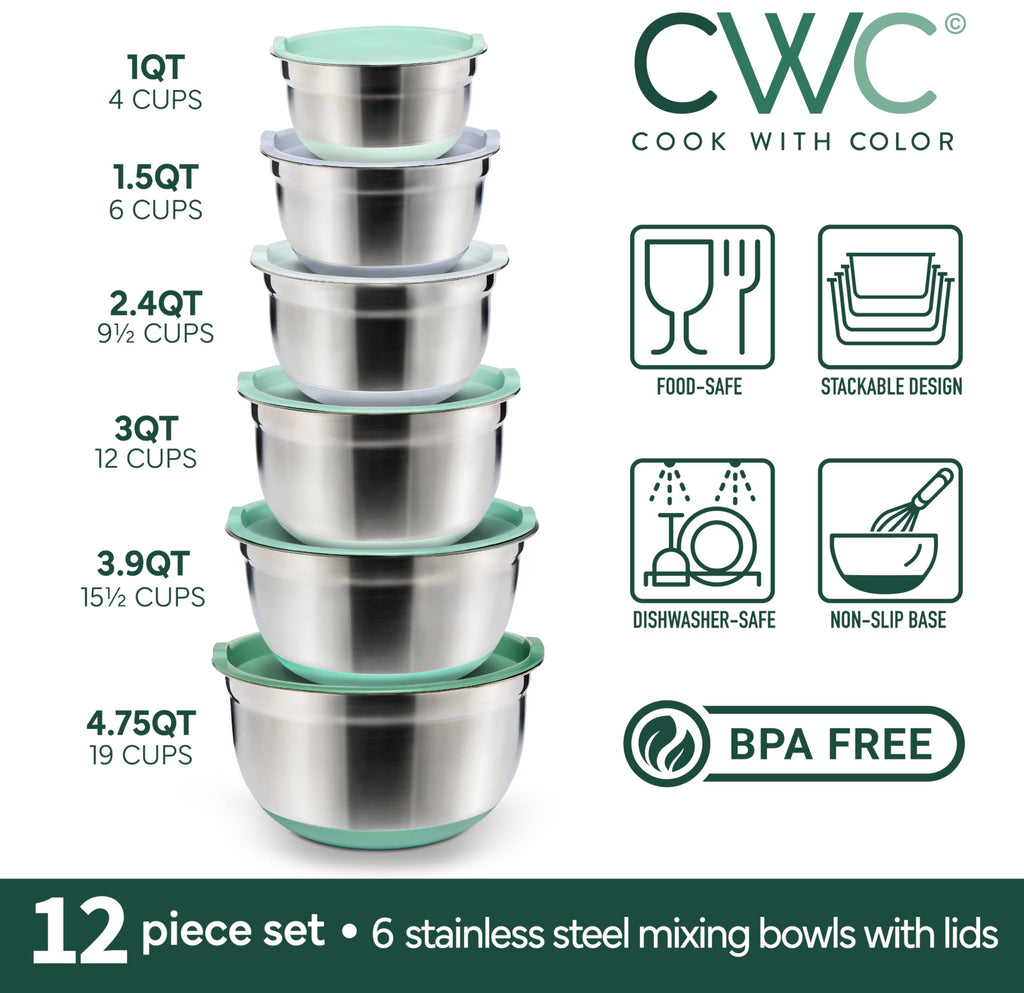 COOK WITH COLOR Stainless Steel Mixing Bowls Set with Lids - Nesting Bowls with Non-Slip Bottom, Sage, 12 Pieces