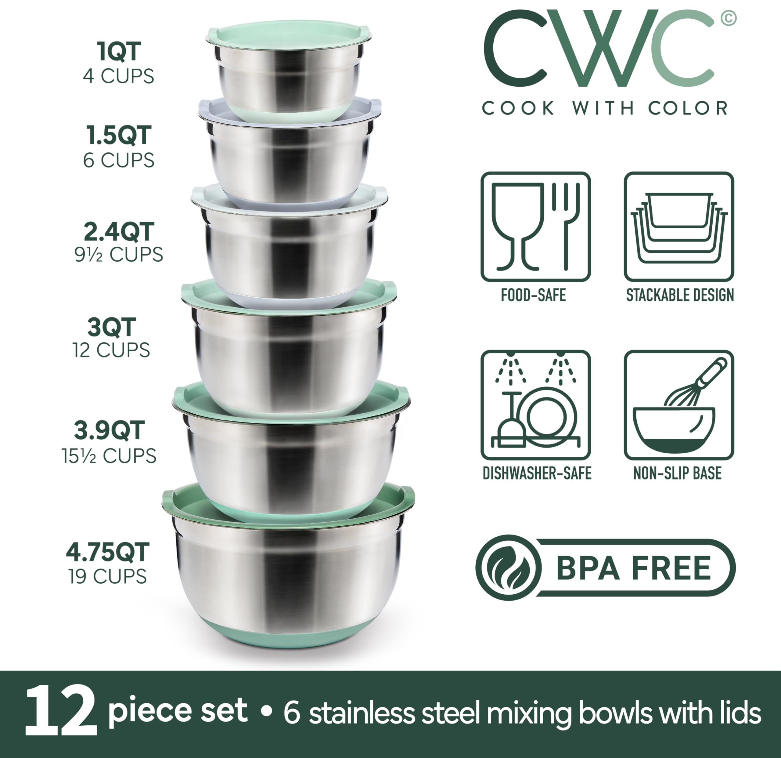 COOK WITH COLOR Stainless Steel Mixing Bowls Set with Lids - Nesting Bowls with Non-Slip Bottom, Sage, 12 Pieces