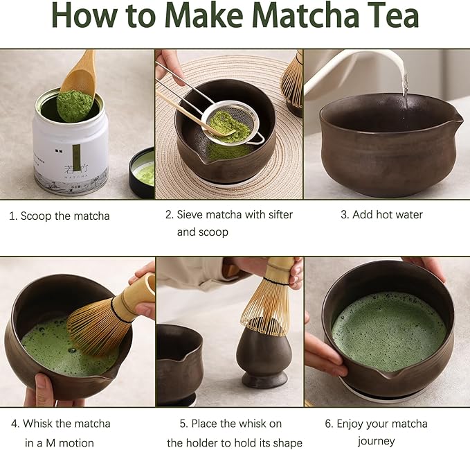 Matcha Whisk Set, Matcha Bowl with Spout and Coaster, Matcha Whisk and Holder, Sifter, Scoop, Spoon, Cleaning Brush - 10 Pcs Complete Ceramic Matcha Kit