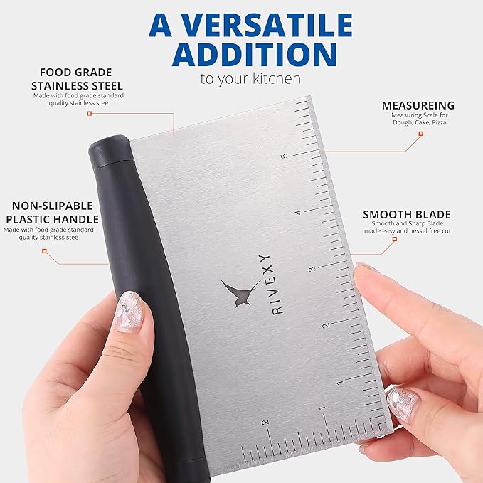 Stainless Steel Griddle Scraper for Flat Tops, Multipurpose Bench Scraper for Kitchen & Outdoor BBQ, Durable Bread Dough Cutter, Grill Scraper for Chopping, Dicing, Mixing Food and Cleaning