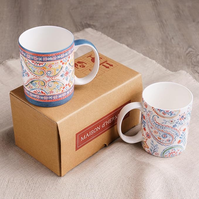 Maison d' Hermine Coffee Mug with Handles Fine Bone China Mugs Pack of Two Tea Cups for Hot Beverages Cappuccino Latte Home Restaurant Office Perfect for Gift (Indian Floral, 12 Ounce)