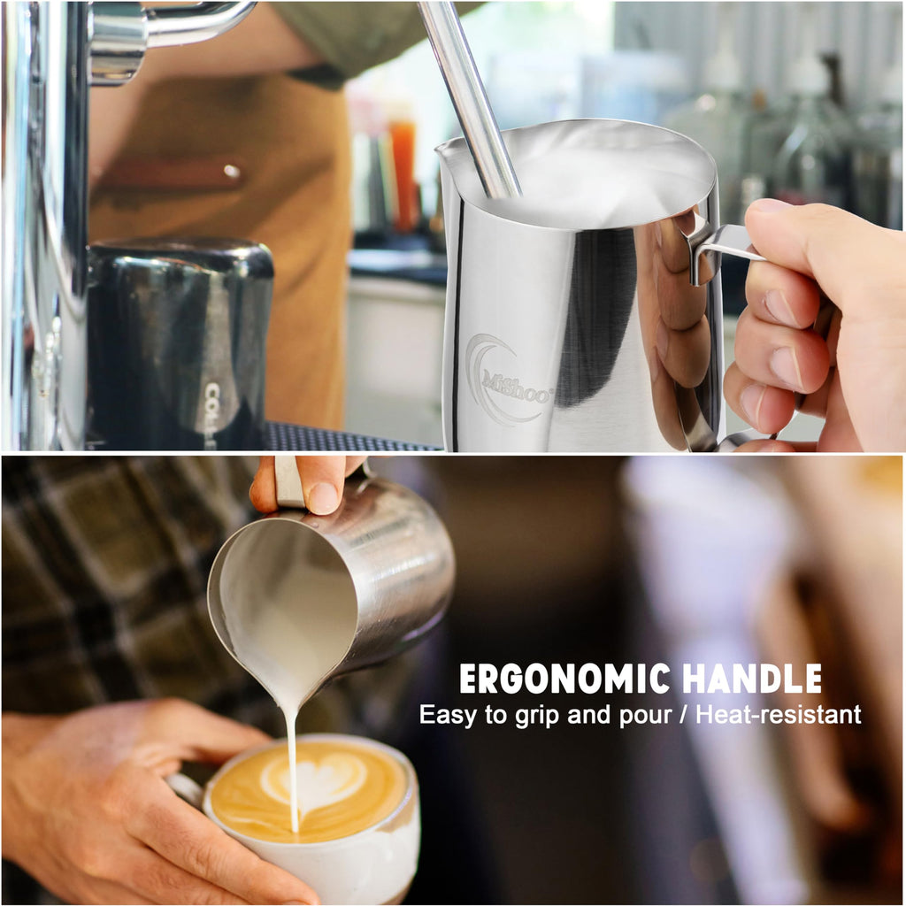MiShoo™ Milk Frothing Pitcher 20oz – 304 Stainless Steel Milk Frother Cup for Espresso, Latte & Cappuccino – Mixing Pitcher with Spouse Rustproof, Precise Pour Spout, Easy-Clean Espresso Accessories