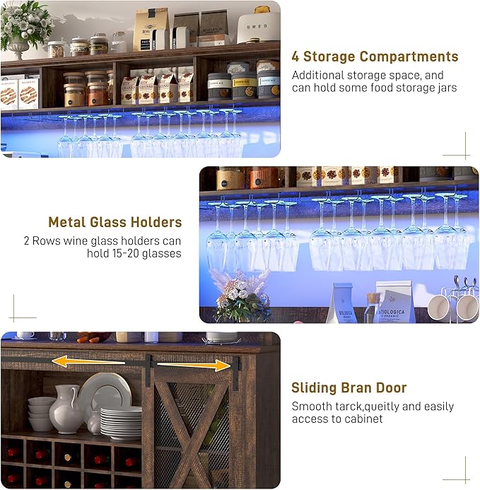 63"W Farmhouse Coffee Bar Cabinet with LED Light,Wine Bar Cabinet w/ 4 Tier Storage Hutch,Kitchen Buffet Cabinet w/Sliding Barn Door & 15 Wine and Glass Racks for Kitchen Dining Room(Brown)
