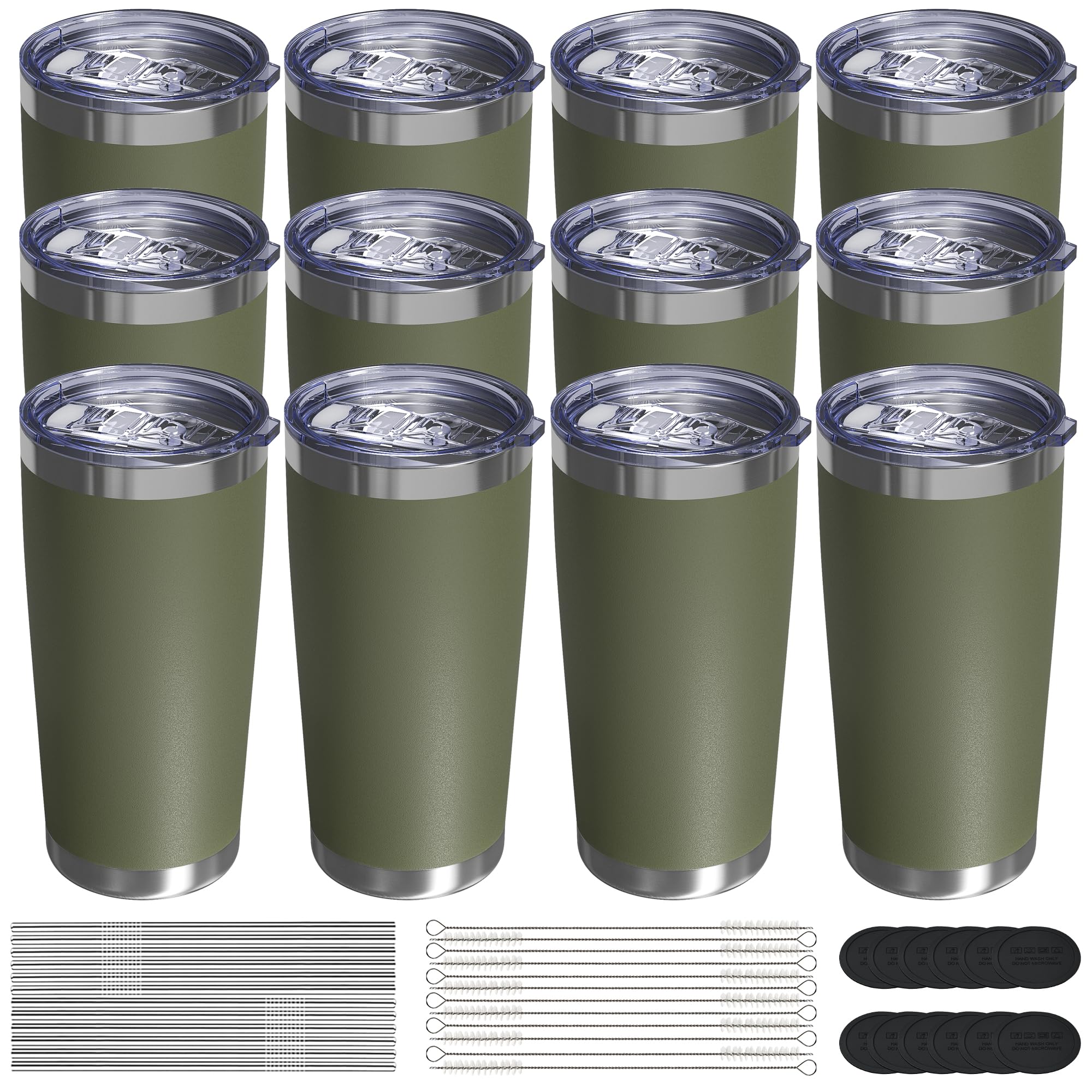 UIRZOTN Travel Coffee Tumbler 20oz, 12 Pack Leakproof Travel Coffee Mug with Lid and Straw, Stainless Steel Double Wall Vacuum Insulated Tumbler for Hot/Iced Drinks (Textured Matte, Army Green)