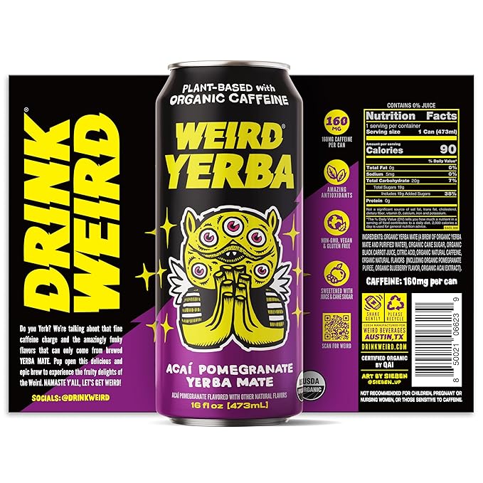 Drink Weird Organic Acai Pomegranate Yerba Mate – 16oz Cans, 160mg Organic Caffeine, Pack of 12 – Antioxidant-Rich Energy Drink Alternative