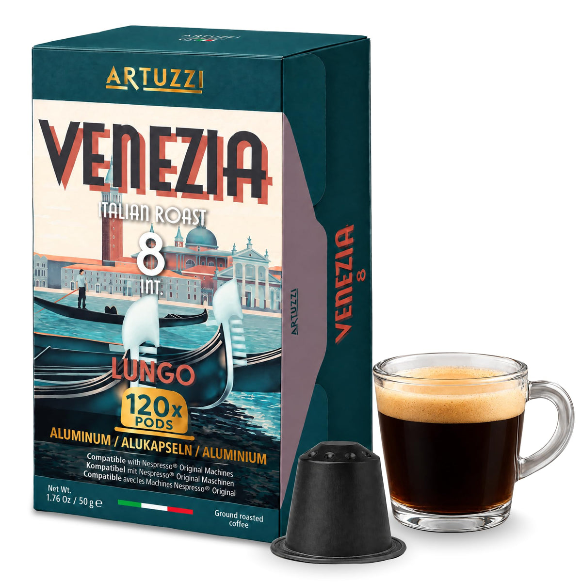 Artuzzi Lungo Venezia I 120ct Espresso Capsules Compatible with Nespresso Original Machines I Dark Roast I Intensity 8 I Aluminum & Recyclable Lungo Pods I Italian Roast