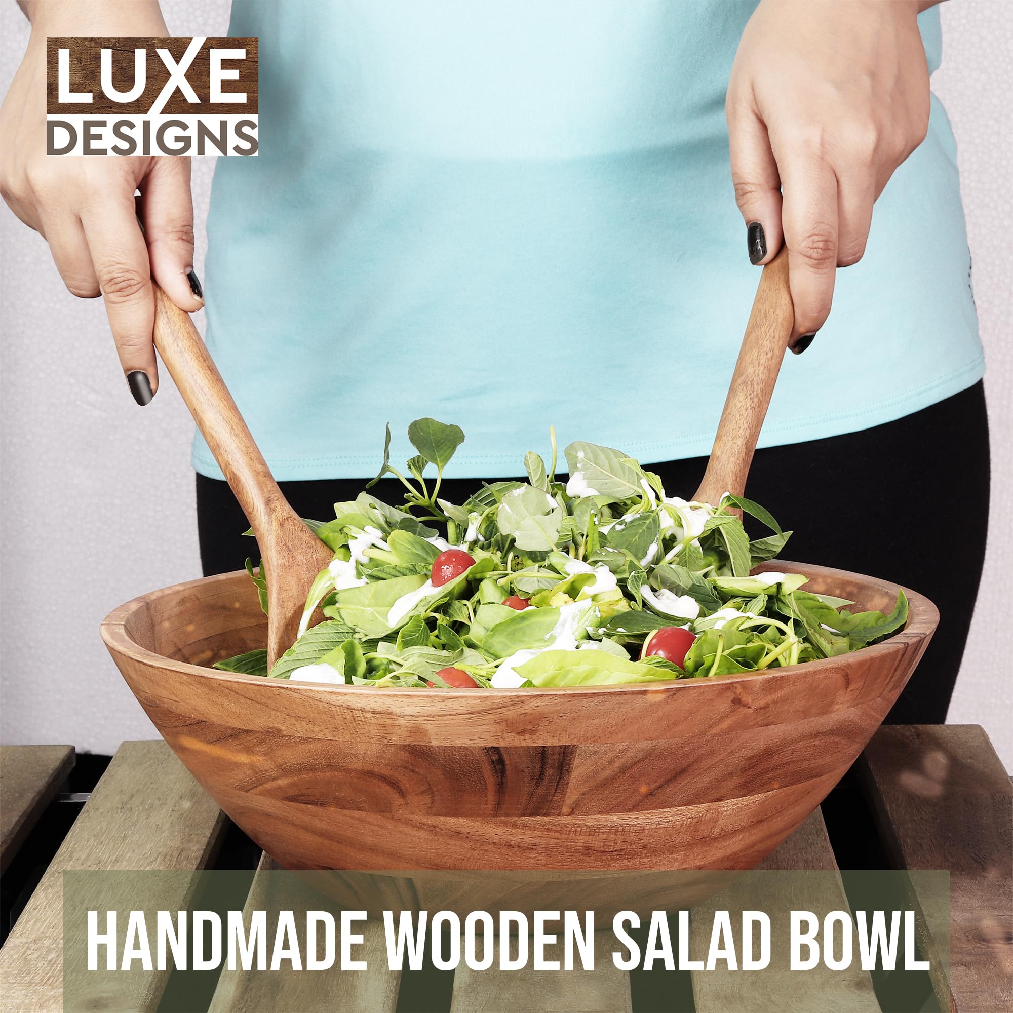 Luxe Designs Wooden Salad Bowl Set - Food Safe & Sustainable Decorative Bowl - Wood Bowl for Fruits, & Salads - Easy to Clean Large Salad Bowls Set w/Spoon, Fork – Wooden Bowls for Food