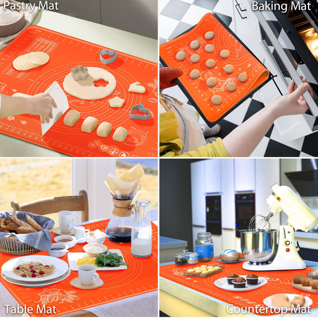 Silicone Baking Mat 28" x 20" Extra Thickness Dough Rolling Mat with Measurements and Edge Heightening, Non-stick Food Grade Silicone Pastry Mat for Pastry, Bread, Cookies, Pizza, Fondant, Pasta-Red
