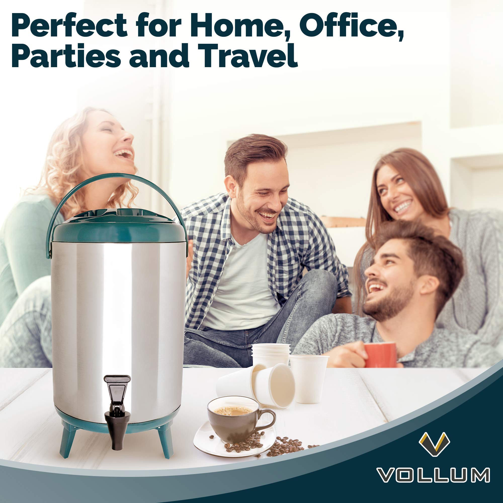 Vollum Stainless Steel Insulated Beverage Dispenser – Insulated Thermal Hot and Cold Coffee Carafe – 8 Liter Drink Dispenser with Spigot for Hot Water, Tea & Coffee, Cold Milk, Juice & More TEAL