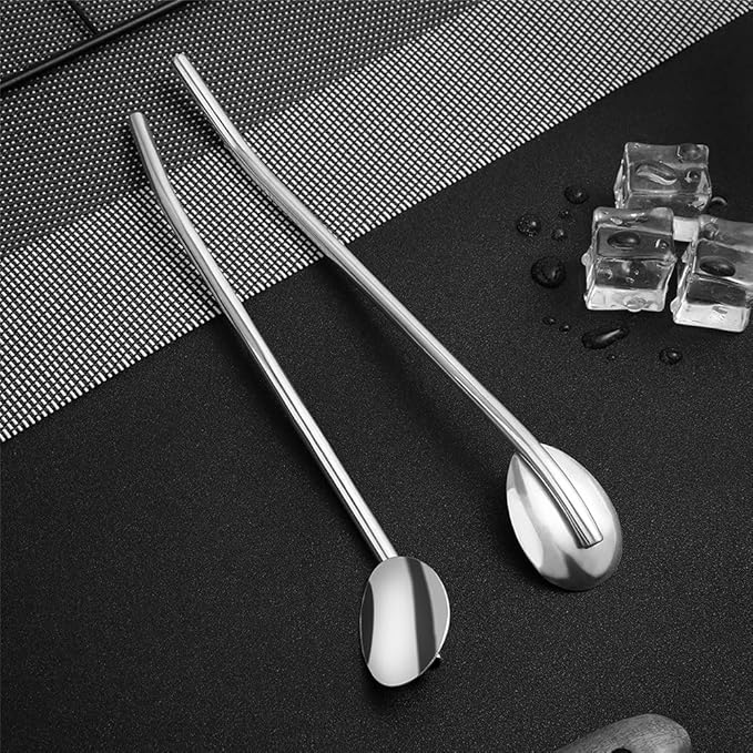 4Pcs Stainless Steel Straws Spoons, 2 in 1 Reusable Snow Cone Drinking Stainless Steel Ice Tea Metall Long Spoons Straws with 1 Cleaning Brushes for Cocktail Milkshake(4)
