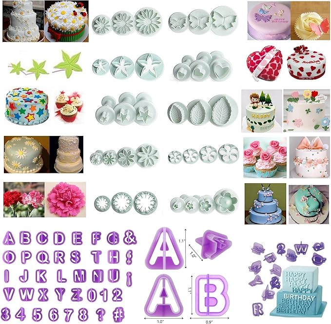 Flower Fondant Cutters,73Pcs Cake Cookie Cutter Plunger Sugarcraft Alphabet Letters Decorating Tools,Sunflower Rose Leaf Butterfly Heart Star Carnation Hollow Calyx Cutter Molds,Icing Modelling Kit