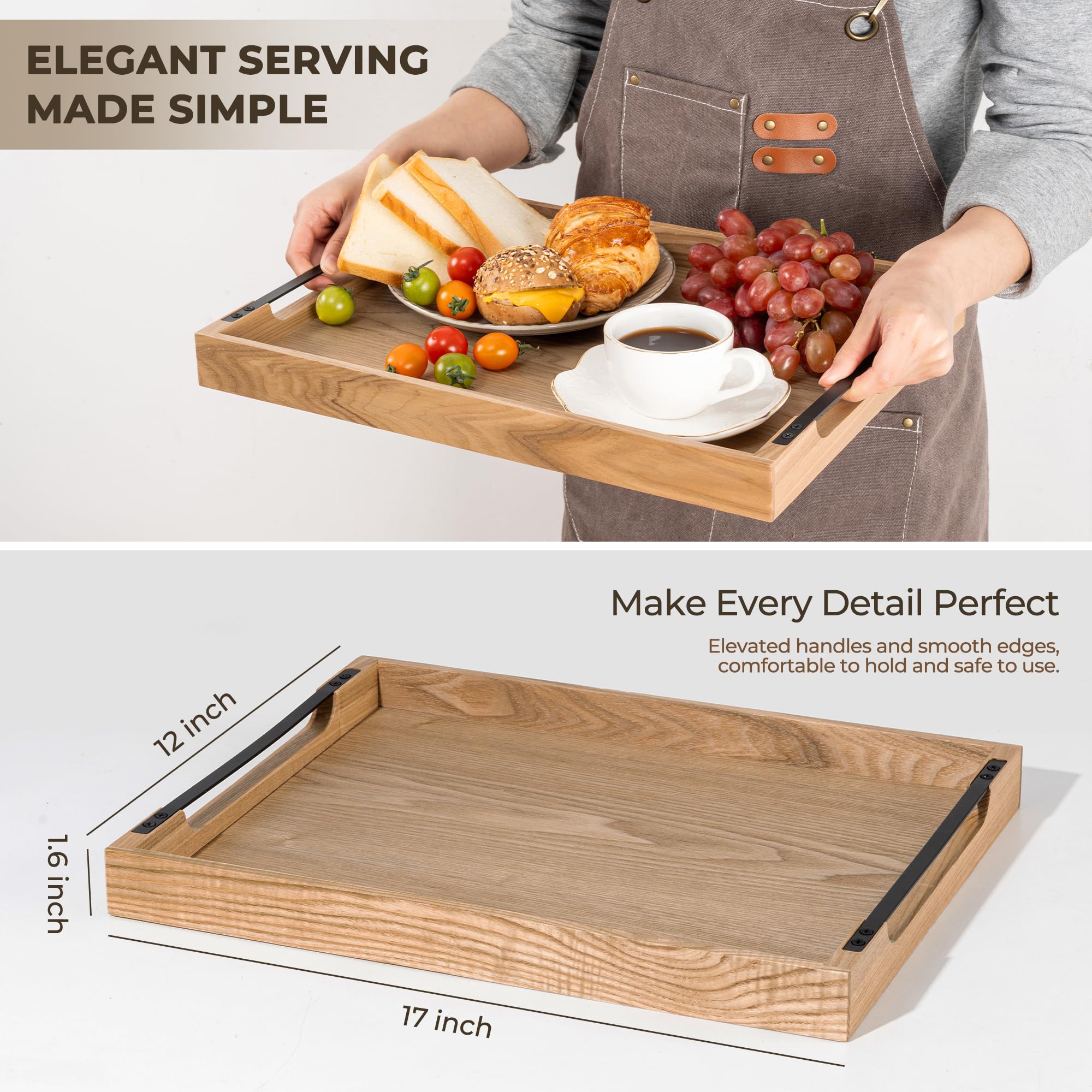 Axeman Wooden Serving Tray with Metal Handles|Ottoman Tray for Breakfast, Bed, Couch|17x13in Ash Wood Coffee Table Trays|Food Drinks Decorative Storage Boards for Ottoman Kitchen, Natural
