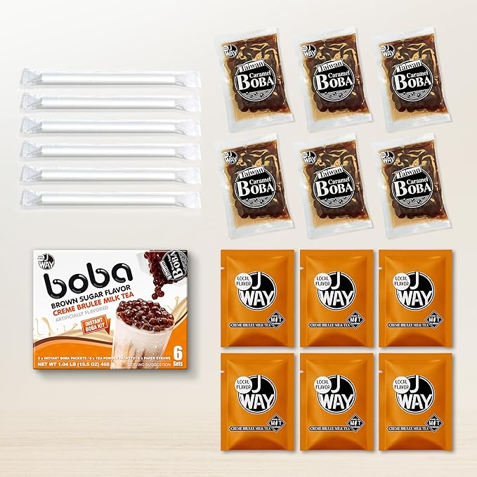 J WAY Instant Boba Bubble Pearl Milk Tea Kit with Authentic Crème Brulee Tapioca Boba, Ready in Under One Minute, Paper Straws Included - 6 Servings