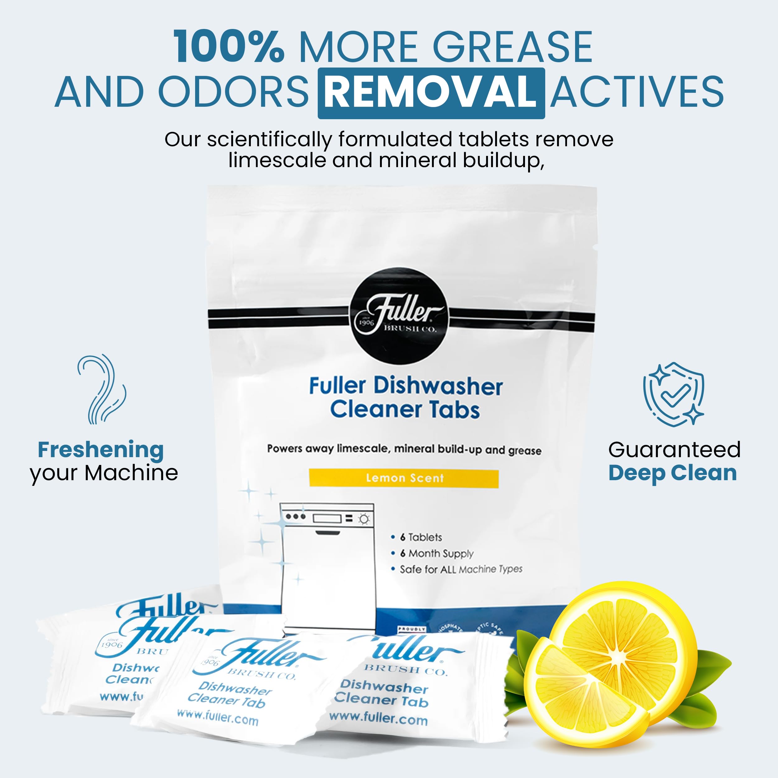 Fuller Dishwasher Cleaner Tabs – Lemon Scent – Eliminates Limescale, Grease & Odors – Septic Safe, Compatible with All Dishwasher Types – (Pack of 4)