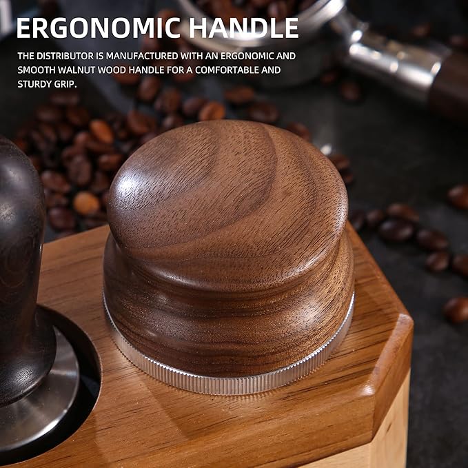 51mm Coffee Distributor, Espresso Distribution Tool, Adjustable Depth Espresso Tamper Leveler with Walnut Wood Handle Fits for 51mm Delonghi Barista Portafilter