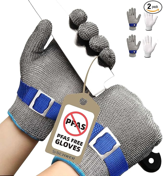 Schwer SlicePro ANSI A9 Cut Resistant Glove PR1707, Food Grade Stainless Steel Wire Metal Gloves, Cutting Gloves for Kitchen, Meat Cutting, Oyster Shucking, Fish Fillet, Non-PFAS（L, 2 PCS）