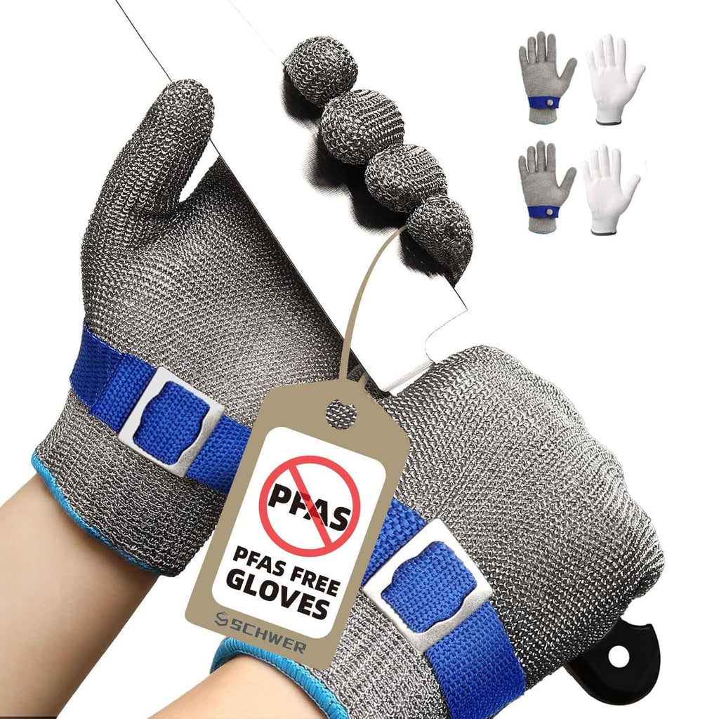 Schwer SlicePro ANSI A9 Cut Resistant Glove PR1707, Food Grade Stainless Steel Wire Metal Gloves, Cutting Gloves for Kitchen, Meat Cutting, Oyster Shucking, Fish Fillet（L, 2 PCS）